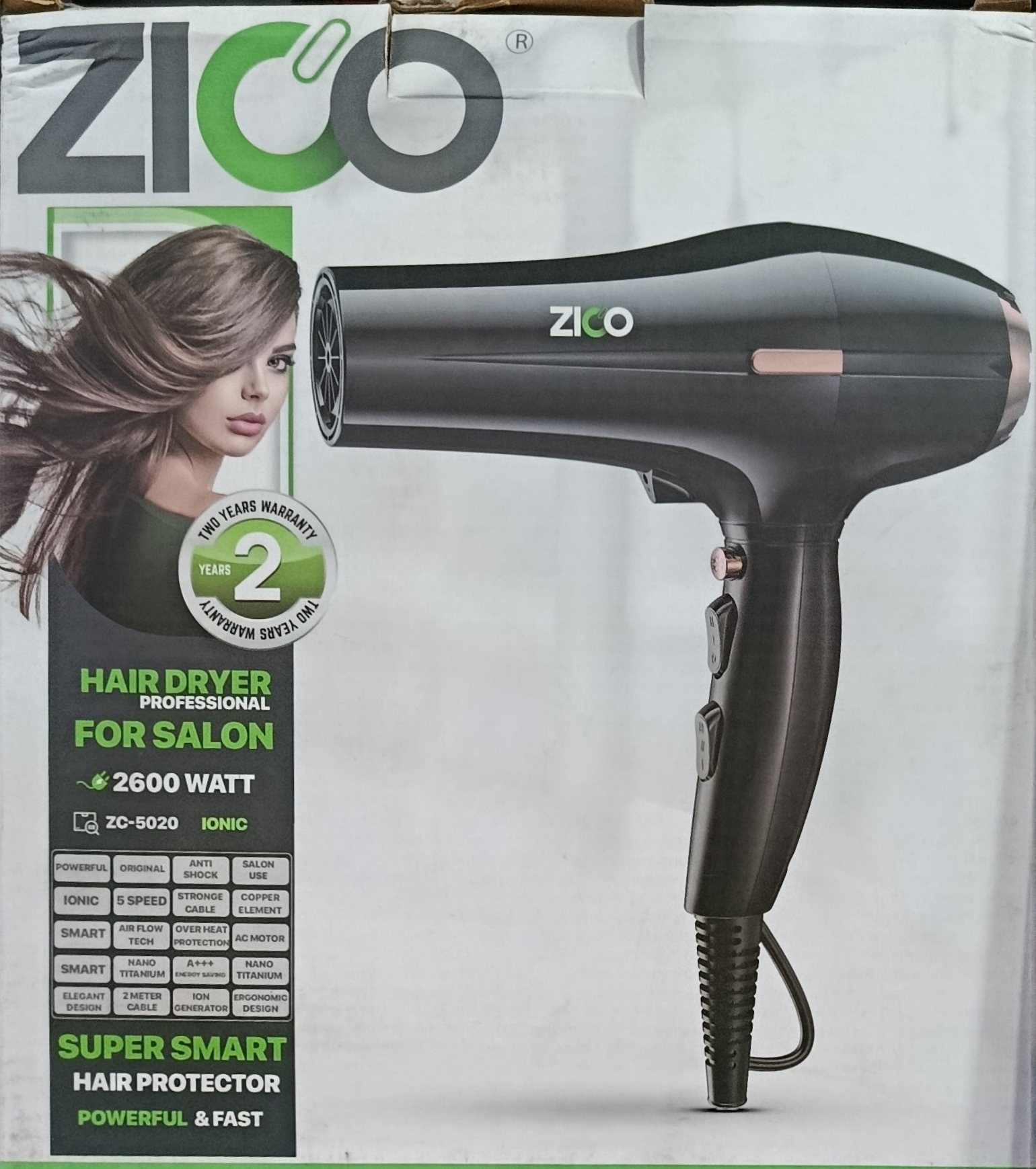 سشوار حرفه‌ای زیکو ZC-5020 با موتور AC و باد سرد